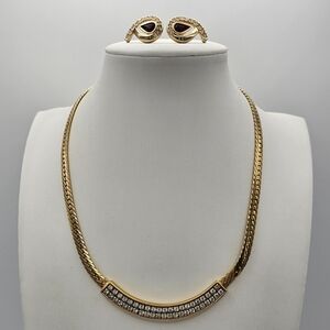 Vtg Swarovski S.A.L. Crystal Swirl Earrings & 16" Gold-Tone Pave Bar Necklace